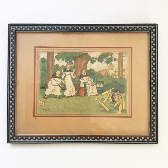 Vintage Harry Eliott Franciscan Monks Friars Lawn Bowling Framed Art Print - Picture 1 of 10
